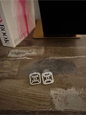 CHANEL Silver Crystal CC Logo Square Stud Earrings with COA